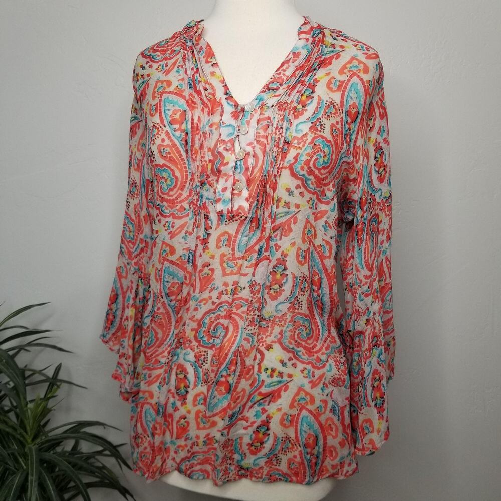 Lior Paris Shirt Womens XL Pink Orange Paisley Sheer Tunic Boho Peasant Top